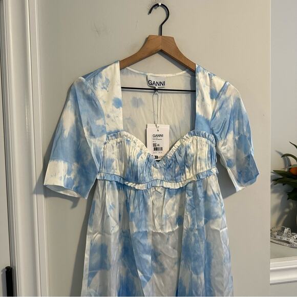 NWT GANNI Blue White Satin Powder Blue Mini Dress XS 32 - Picture 10 of 13